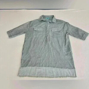 Karlie gray, and white striped tunic longer hem line in the back 100% cotton LG